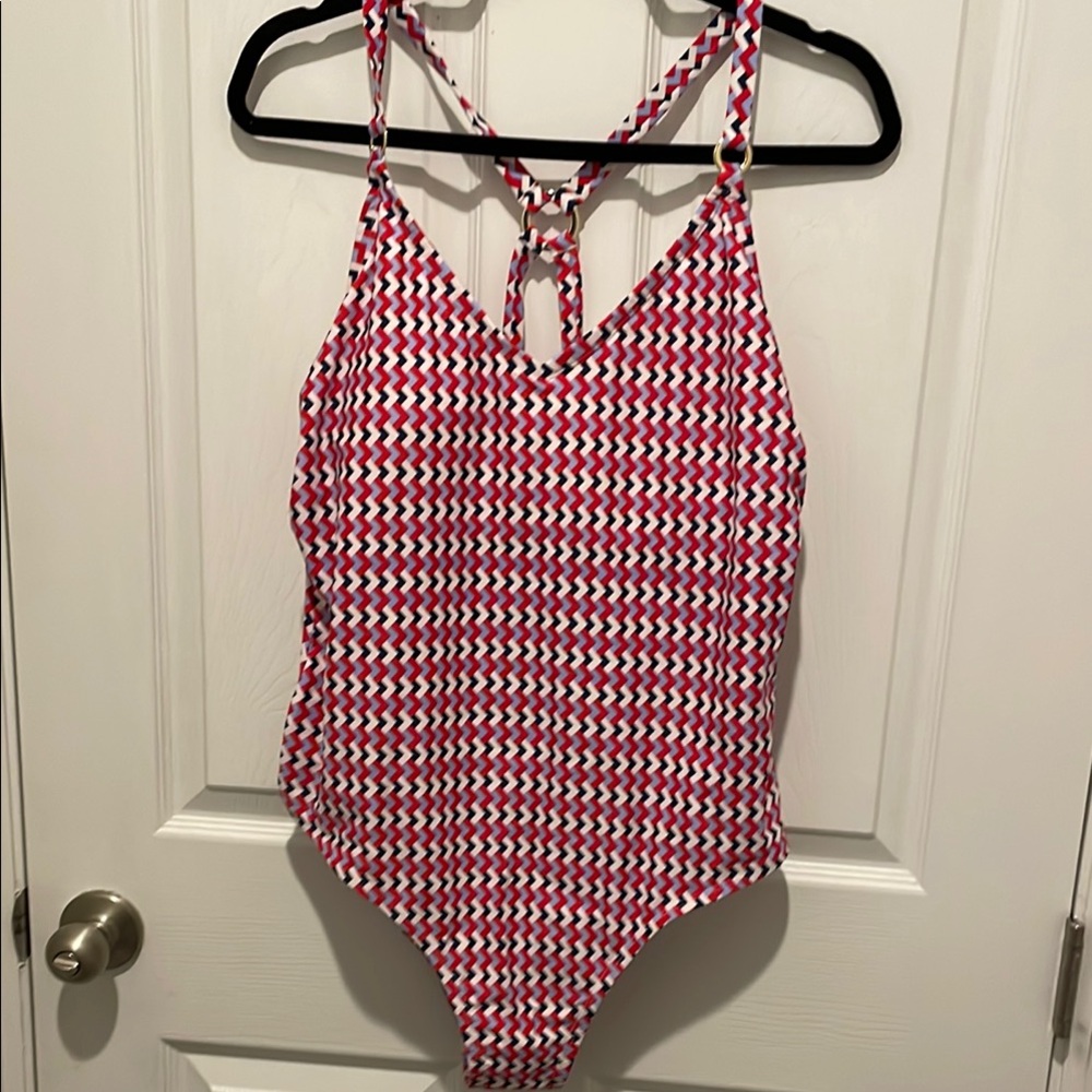 Kona Sol Red and White Geometric One Piece Swimsuit